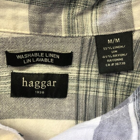 Haggar Men's Linen Plaid Grey & White Short Sleeve Button Down Shirt Size M - Picture 4 of 9